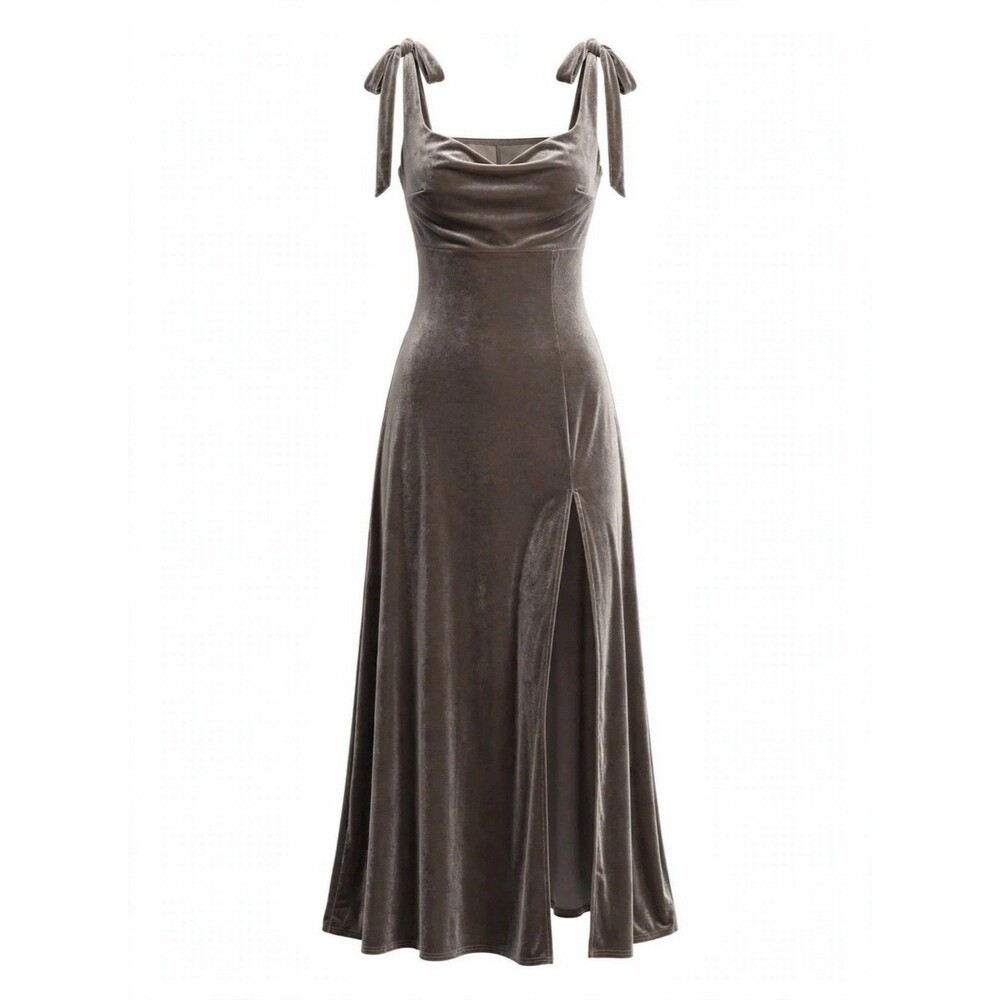 Birdy Grey S Ash Velvet Taupe Slit Maxi Dress Bow Tie Formal